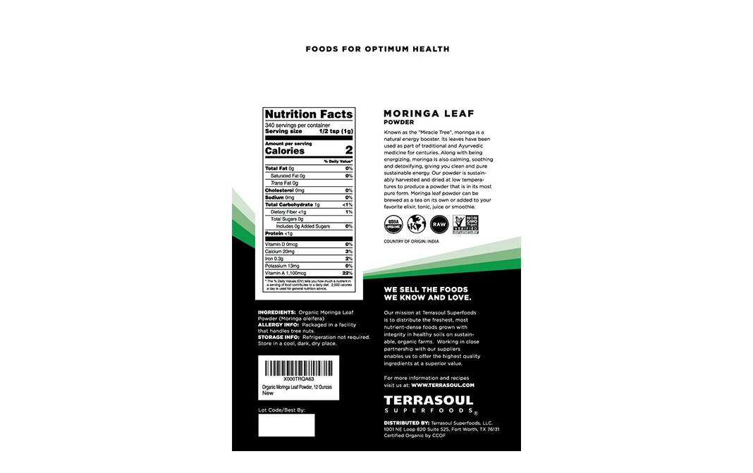 Terrasoul Superfoods Moringa Leaf Powder    Pack  340 grams